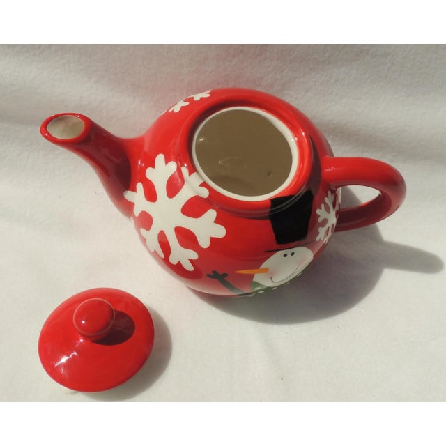Ceramic Vintage Hand Painted Red & White Snowman Porcelain Snowflake Christmas Holiday Teapot Tea Pot For Sale - Image 7 of 9
