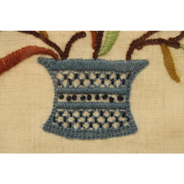 Wood Vintage Crewel Embroidered Linen Textile, Custom Framed For Sale - Image 7 of 12