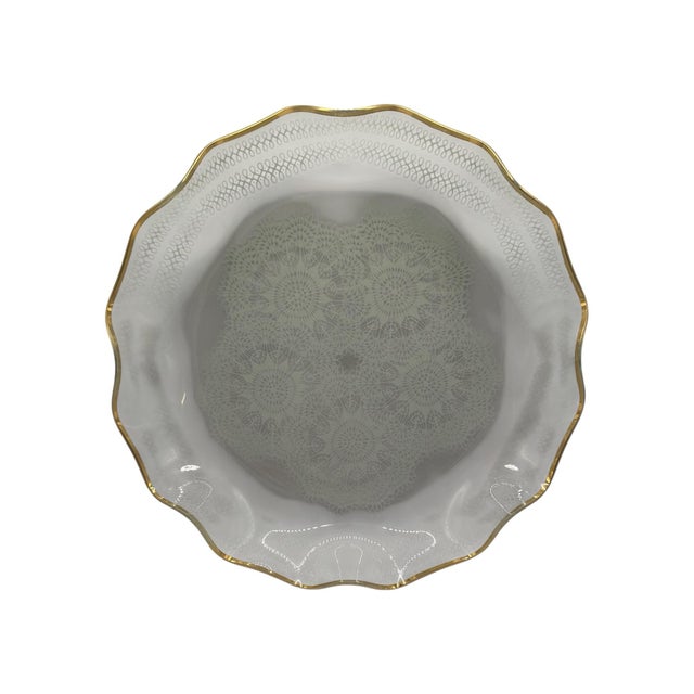Vintage Glass Serving Dish With Lace Pattern and Gold Trimmed Ruffled Rim For Sale - Image 4 of 12