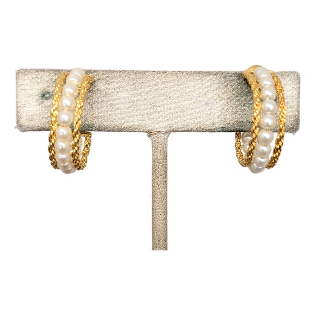 Vintage 1980s Signed Napier Goldtone Faux-Pearl Hoop Clip Earrings-2 Pieces For Sale