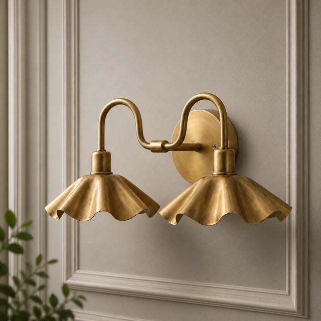 Contemporary Brass 2-Light Vanity Sconce With Scalloped Shades, Bathroom Wall Light, Brass Swan-Neck Wall Sconce For Sale - Image 3 of 8
