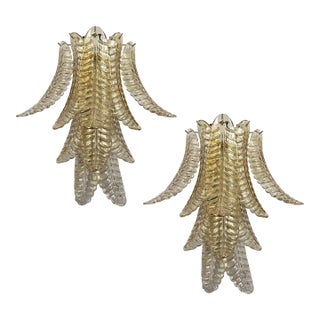 1980s Pair of Gold Leaves Murano Glass Sconces, Mid Century Modern For Sale