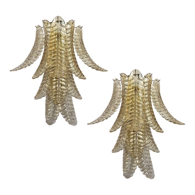 1980s Pair of Gold Leaves Murano Glass Sconces, Mid Century Modern For Sale