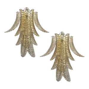 1980s Pair of Gold Leaves Murano Glass Sconces, Mid Century Modern