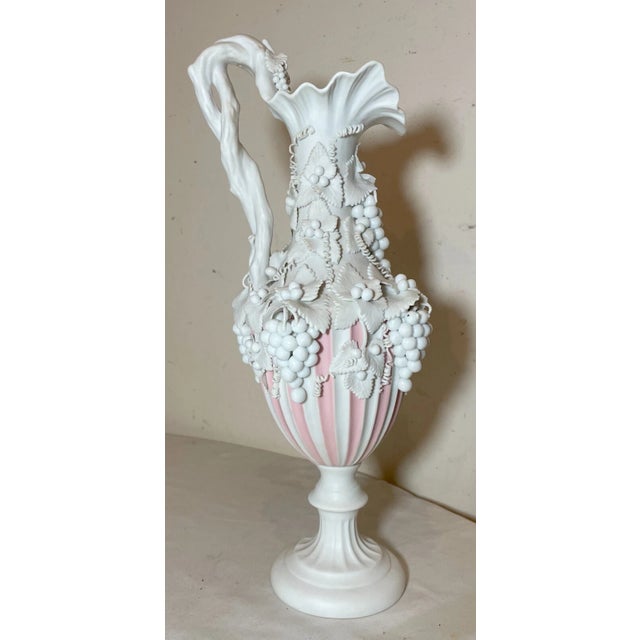 English Antique English Handmade Bennington Pink Parian Porcelain Grape Vine Ewer Vase For Sale - Image 3 of 14