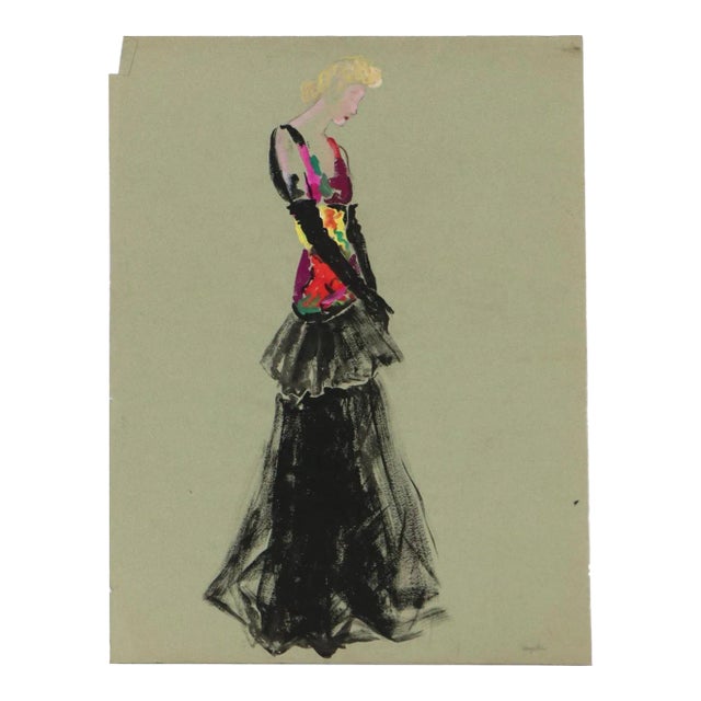 1950s Fashion Dress Watercolor Painting by Orval Hempler For Sale