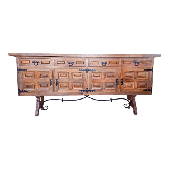 Late 19th Century Spanish Baroque Carved Walnut Tuscan Three Drawers Credenza or Buffet For Sale