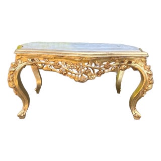1980s Artisan Louis XVI Gold Beech Marble Coffee Table For Sale