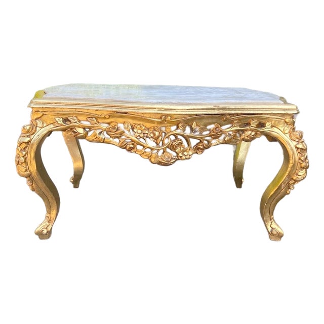 1980s Artisan Louis XVI Gold Beech Marble Coffee Table For Sale