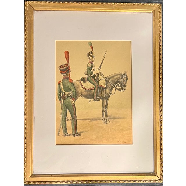 Pair of 19th Century Napoleonic-Era Military Watercolors, Continental European Cavalry, Gilt Framed A finely rendered pair...