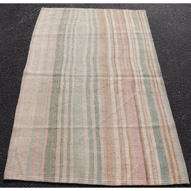 Mid 20th Century Vintage Turkish Kilim With Vertical Stripes in Sage Green, Sand, and Faded Rose For Sale - Image 5 of 11