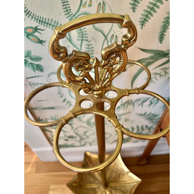 Mid 20th Century Brass Umbrella Stand Victorian/Art Nouveau Style With Dolphin Handle For Sale - Image 4 of 10