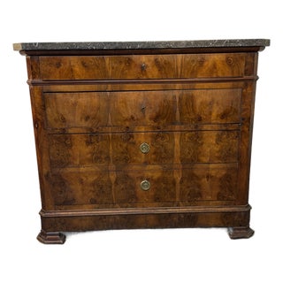 Early 19th Century French Louis Phillipe Burled Walnut Four Drawer Marble Top Commode For Sale