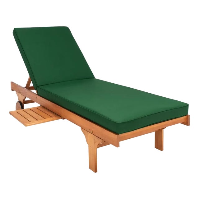 Newport Chaise Lounge Chair with Side Table, Natural/Green Cushion For Sale