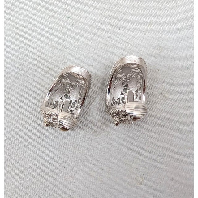 Trifari Vintage 1960s Signed Crown Trifari Rhodium Plated Filigree Half Hoop Clip Earrings-2 Pieces For Sale - Image 4 of 6