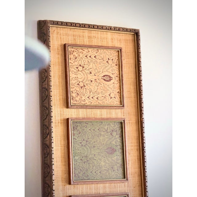 Oversized Tall Vertical Textile Panel With Batik Insets and Grasscloth Backing, Carved Custom Wood Frame, Architectural Wall Art For Sale - Image 12 of 12