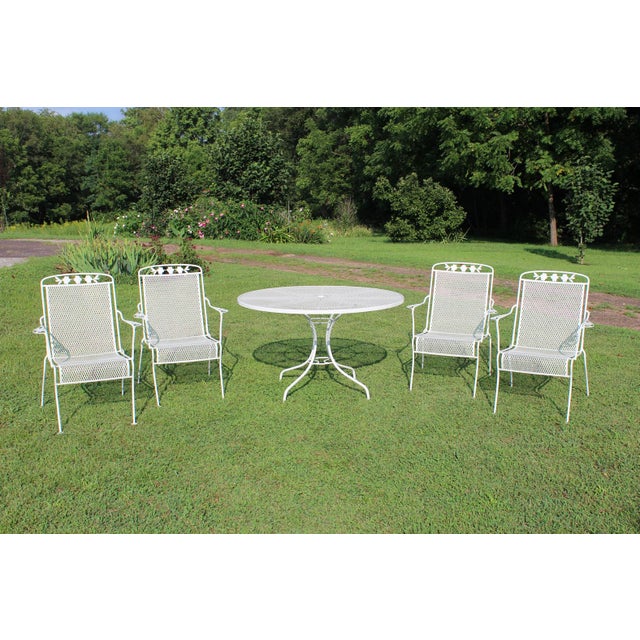 Wrought Iron Patio Set With Dogwood Motifs—Table and Four Armchairs With Covers, 5 Pieces For Sale - Image 4 of 18