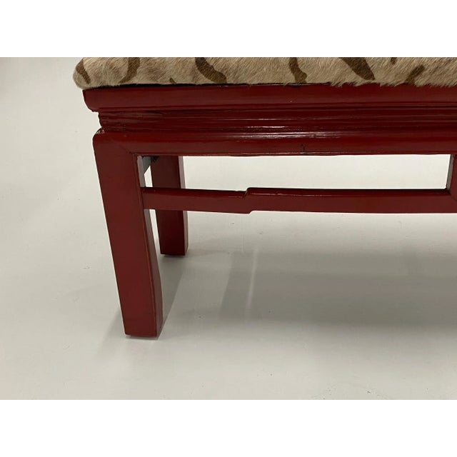 Chinese Asian Cinnabar Red Laquer Bench Upholstered in Printed Cowhide For Sale - Image 3 of 11