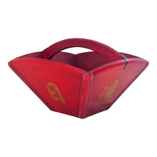 Chinoiserie Red Rice Leather and Wood Basket With Calligraphy For Sale