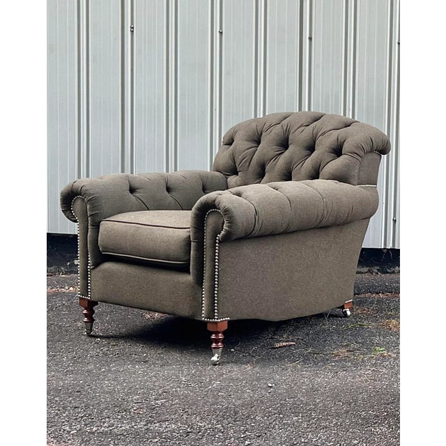 George Smith Bulgari Chairs in heathered green mohair fabric with foam seat cushions on blonde wood turned legs with...