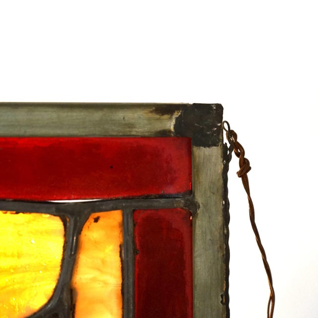 Arts & Crafts Leaded Slag & Jeweled Stained Glass Window with Stylized Owl, Circa 1920 For Sale - Image 11 of 12