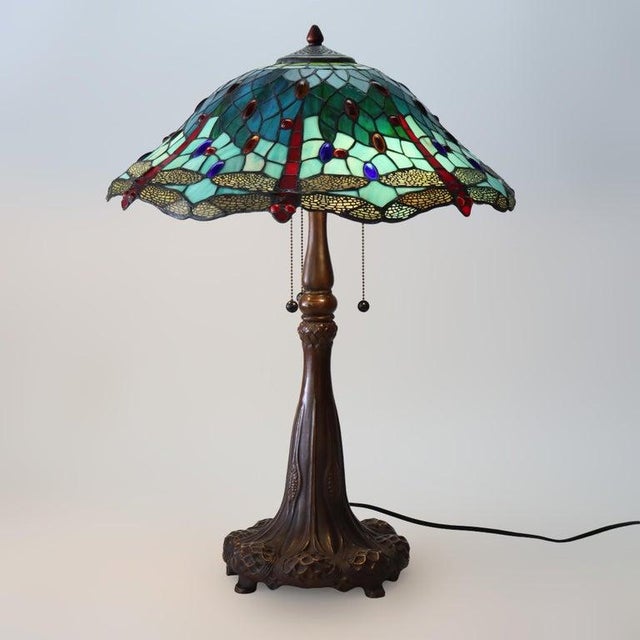 Late 20th Century Tiffany Style Stained Leaded Glass Table Lamp With Jewels For Sale - Image 9 of 12