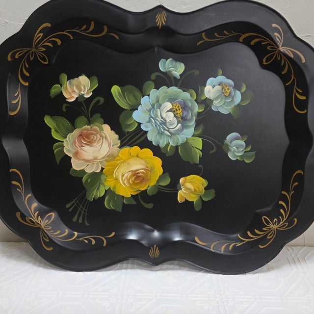 Large 1950s Hand Painted Toleware Tray Black Metal Floral Serving Tole Fine Arts Studio For Sale - Image 12 of 14