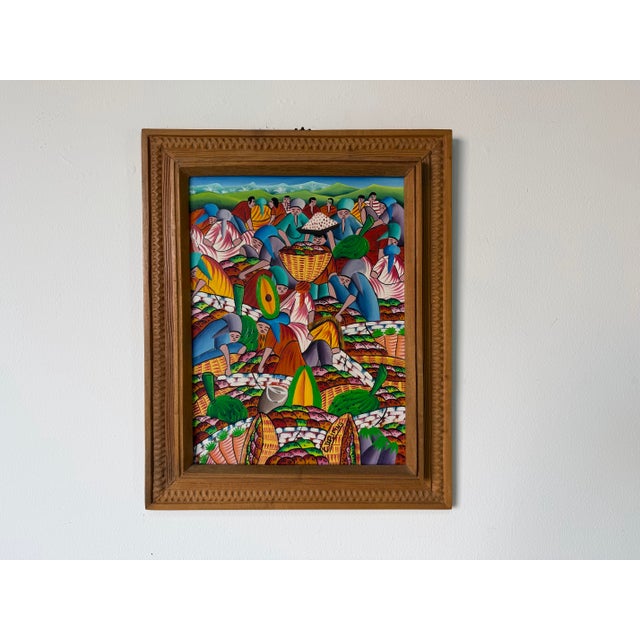 Mid-Century Modern 1970’s Carlo Decimus Haitian Folk Art Fruit Market Oil on Canvas Painting, Framed For Sale - Image 3 of 12