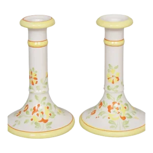 Italian Hand Painted Ceramic Candlestick Holders - a Pair