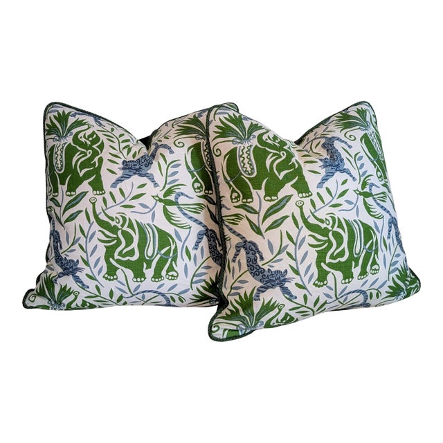 Christopher Farr Cloth La Jungle Pillows in Green - Pair For Sale