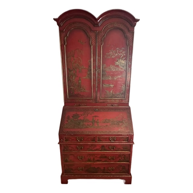 Vintage Red Chinoiserie Secretary Desk With Hand-Painted Gilt Asian Landscapes & Double Bonnet Top For Sale