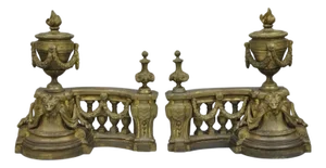 Antique French Empire Patinated Bronze Lion Flame Urn Chenet Andirons - A Pair