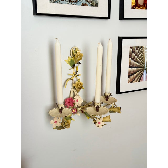Floral three-candle toleware sconce with hand-painted metalwork and curved arms. Lightweight but sturdy, with dimensional...