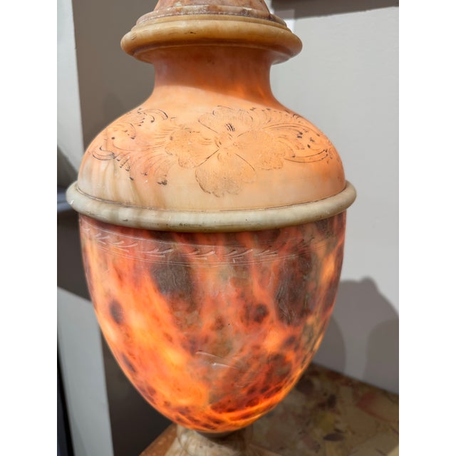 Vintage Italian Carved Alabaster Urn Lamp With Hand Etched Floral Design For Sale - Image 4 of 9