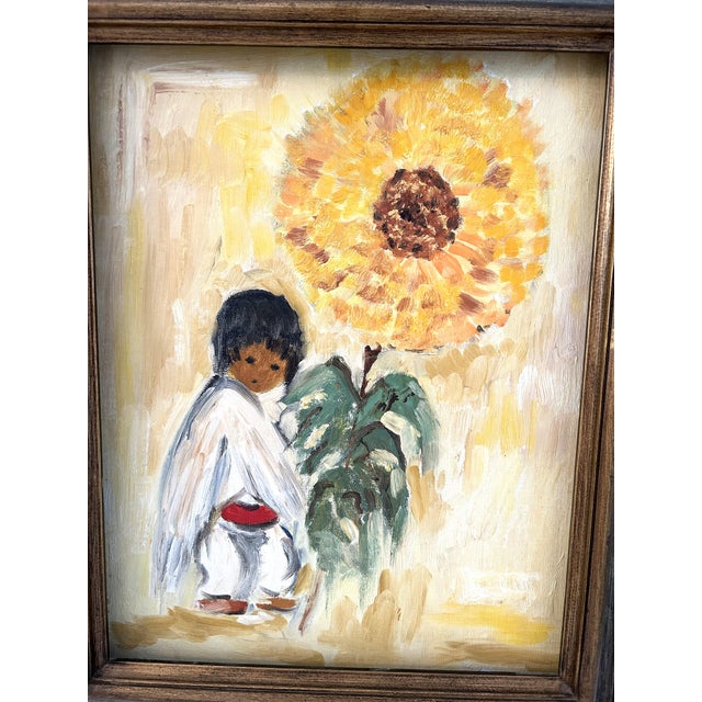 Charming vintage oil on Masonite board, well done reproduction painting of the famous painter Ted DeGrazia's "Sunflower...