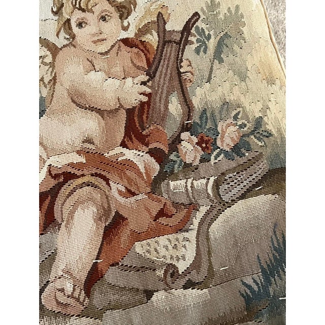 Late 20th Century Antique French Aubusson Tapestry Pillow Cushion Large 21" Cherub Lyre Book For Sale - Image 5 of 12
