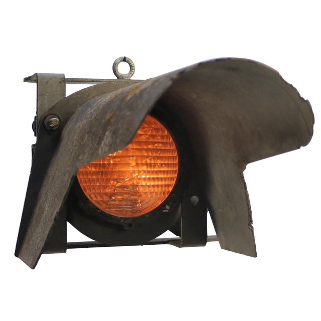 Industrial French Train Lamp Grey Metal Holophane Glass Spotlight by SNCF Railroad Company For Sale - Image 3 of 9