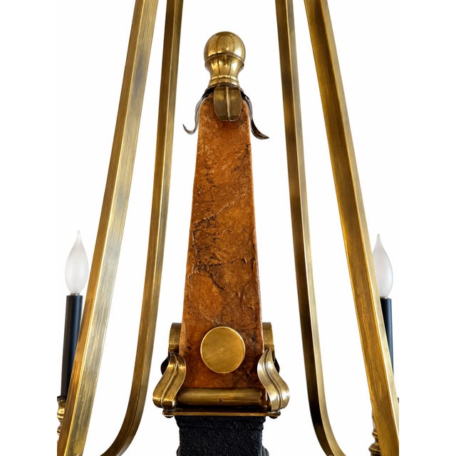 Neoclassical Style Brass Chandelier With Marbleized Obelisk & Turtle Sculpture For Sale In Miami - Image 6 of 7
