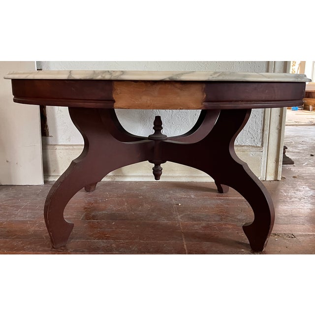 Mid 20th Century Mid 20th Century French Provincial Style Oval Marble-Top Coffee Table | Italian Marble | Carved Rose Appliqué | X-Stretcher Base For Sale - Image 5 of 12