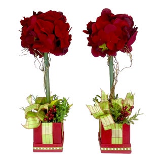 Art Nouveau Hollywood Regency Christmas Red Hydrangeas Topiary - a Pair. For Sale