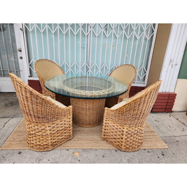 Wood 1970's Wicker Dining Table With Chairs For Sale - Image 7 of 9