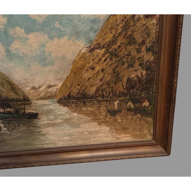 Late 19th Century Antique Norwegian Seascape Village Oil Painting on Canvas H Lichtenberger For Sale - Image 5 of 11