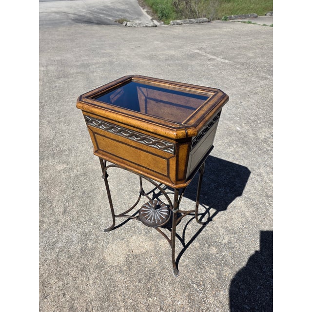 1980s Leather and Glass Display Case End Table With Iron Base For Sale - Image 5 of 11
