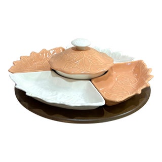 California Pottery Midcentury Coral/White Lazy Susan Appetizer Serving Tray For Sale