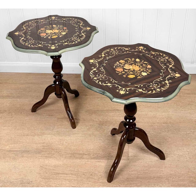 - Original 1970’s Pair of Italian Rococo Parlor Tables - Walnut Veneered Tops with Wonderful Fruitwood Inlay / Floral...