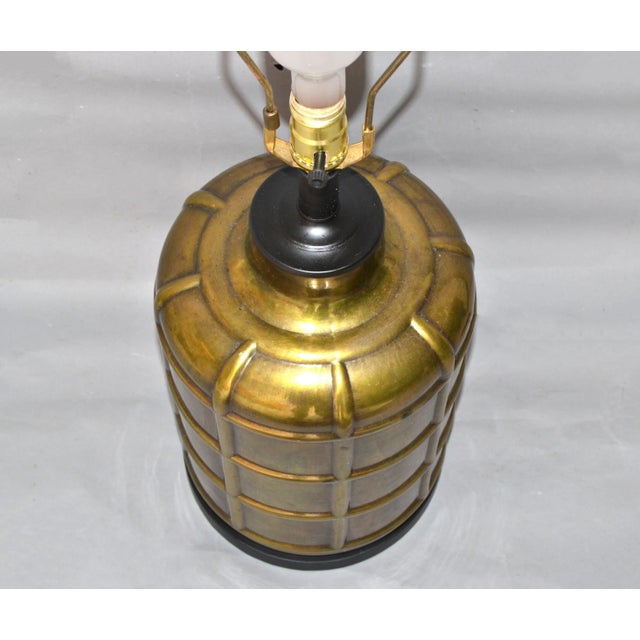 Wood Vintage Round Brass and Ebonized Wood Table Lamp Mid-Century Modern For Sale - Image 7 of 13