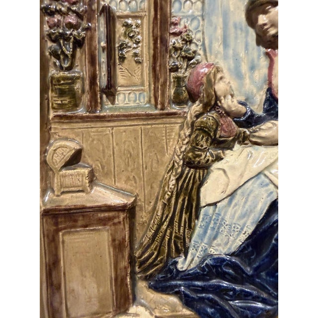 Historicism Porcelain Majolica Relief Image of a Mother with Children in a Room, 1890s For Sale - Image 10 of 13