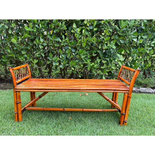 Late 20th Century Vintage 54” Split Bamboo Hall Bench With Woven Cane Ends For Sale - Image 5 of 12