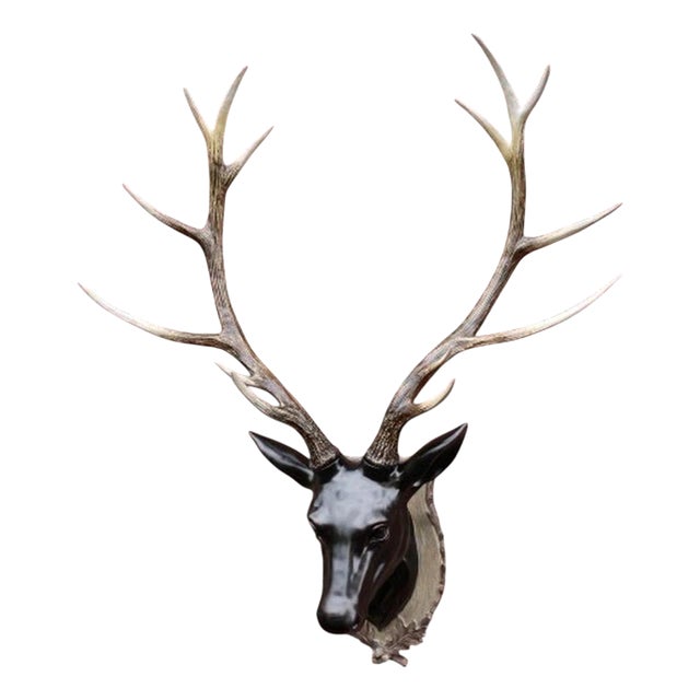 Large Wall-Mounted Stag Head Sculpture with Antler's in Bronze For Sale