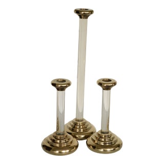 1980s Post Modern Dolbi Cashier Karl Springer Style Lucite Brass Candle Holders - Set of 3 For Sale